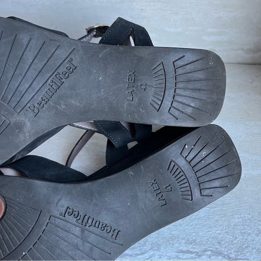 ** Beautifeel Black Leather Wedge Sandals sz 41 Ankle Strap - Picture 10 of 12